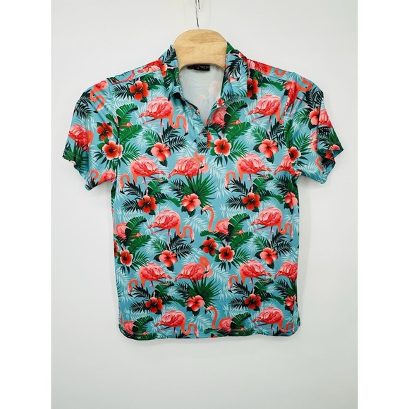 Yatta Polo Shirt‎ Men's Medium Blue Floral Polyester Stretch Golf Short Sleeve - Picture 1 of 5